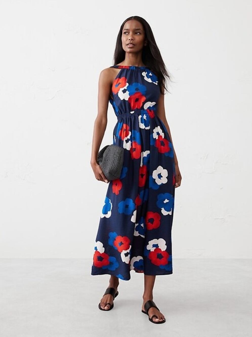BANANA REPUBLIC Halter Neck Maxi Dress Red Floral Sz L NWT $140 {3F39}